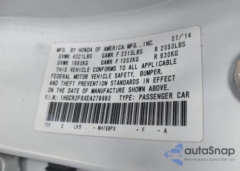 2014 Honda Accord Ex-L z USA, uszkodzony, nr VIN 1HGCR2F8XEA276880